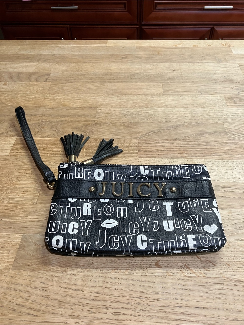 Y2k Juicy Couture Black & White Logo Wristlet with Tassels
